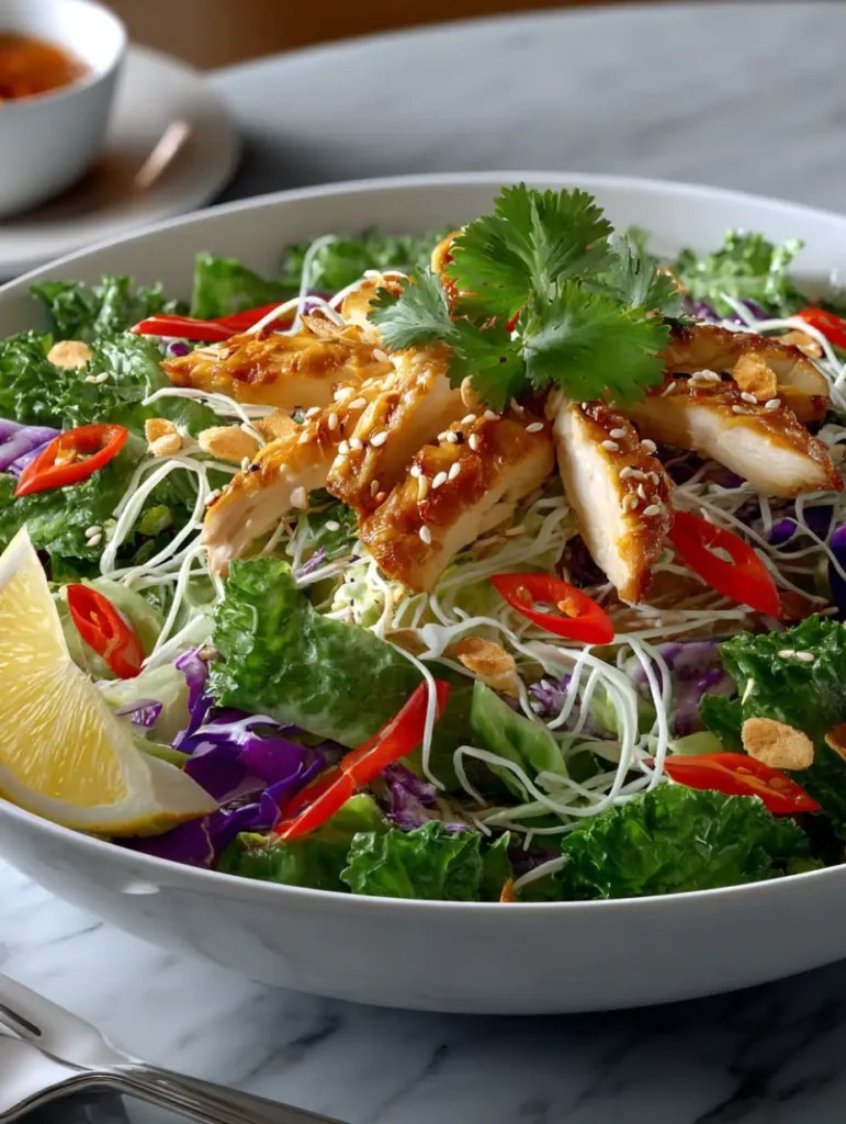 Portion de salade chinoise au poulet garnie de coriandre fraîche, graines de sésame, piment rouge et quartier de citron.