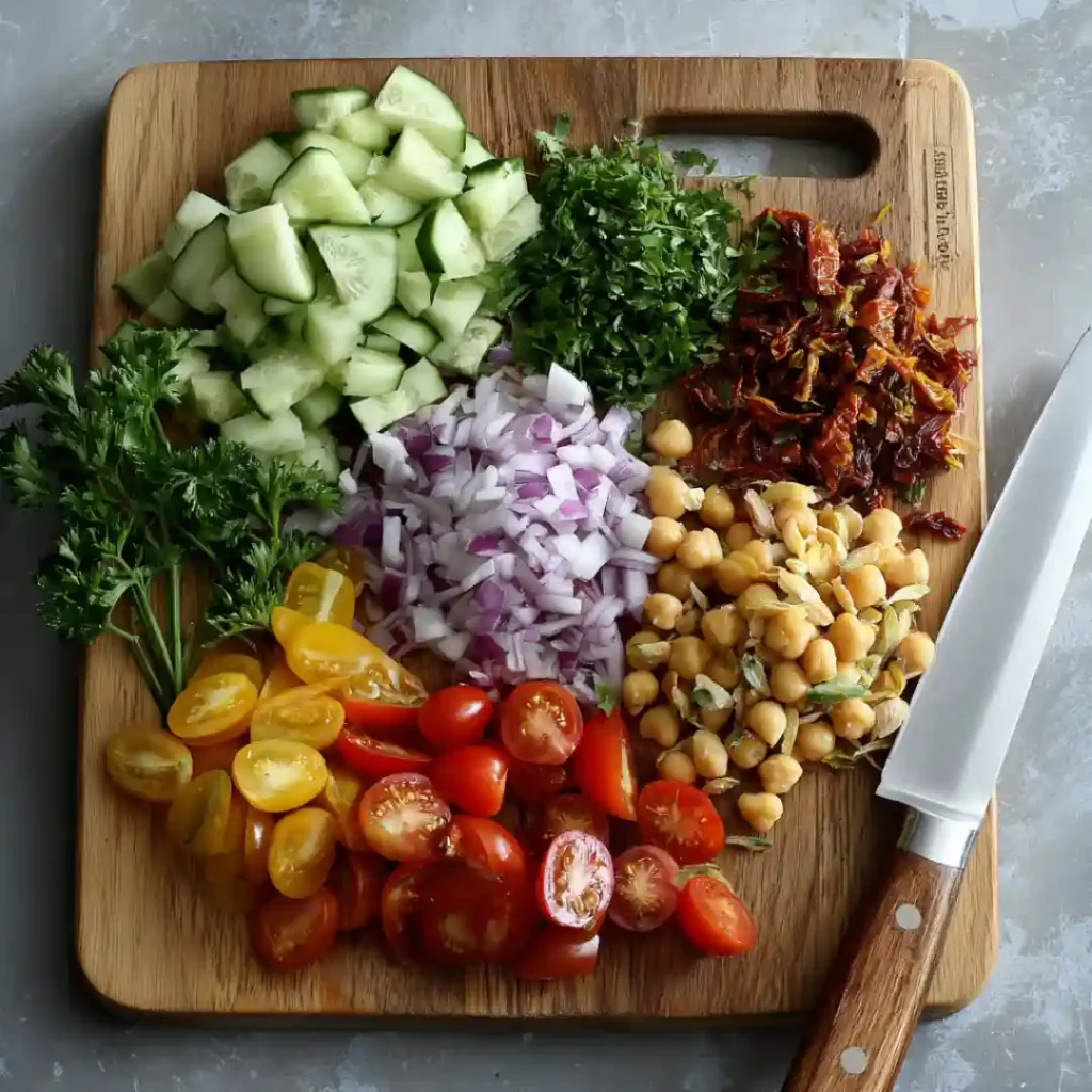 Les légumes coupés en dés ou en tranches sur une planche en bois : concombres, tomates, oignons, persil, pois chiches et tomates séchées, prêts à être mélangés.