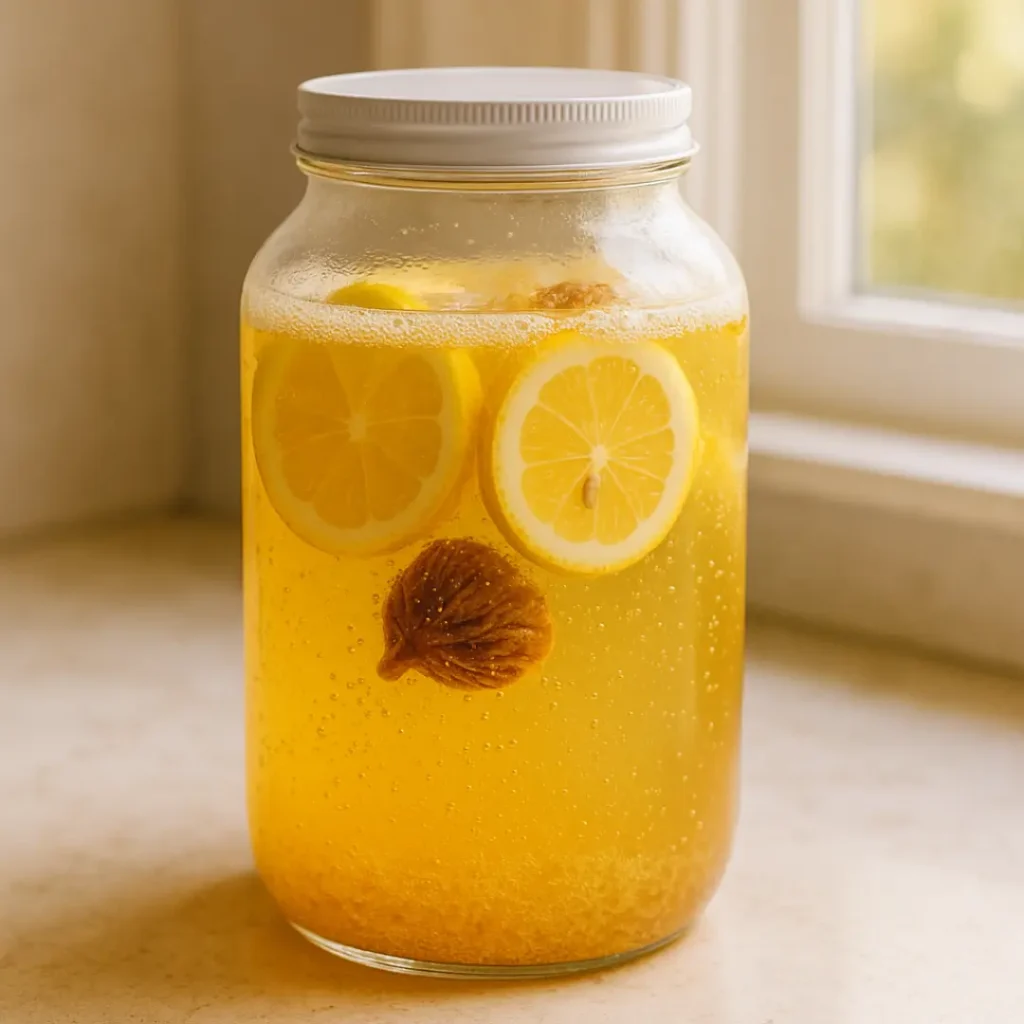Gros plan sur un bocal de kéfir de fruits en première fermentation, avec bulles fines, tranches de citron et figue flottante.