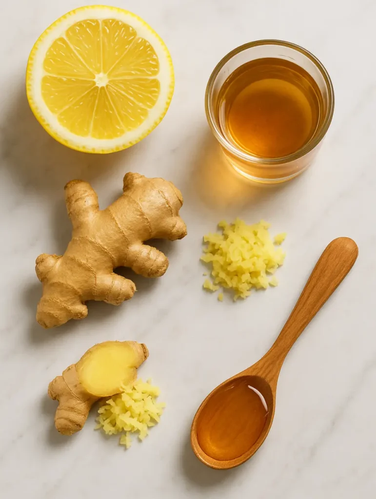 Ingrédients frais pour préparer le mounjaro naturel : citron coupé, gingembre râpé, vinaigre de cidre et miel.