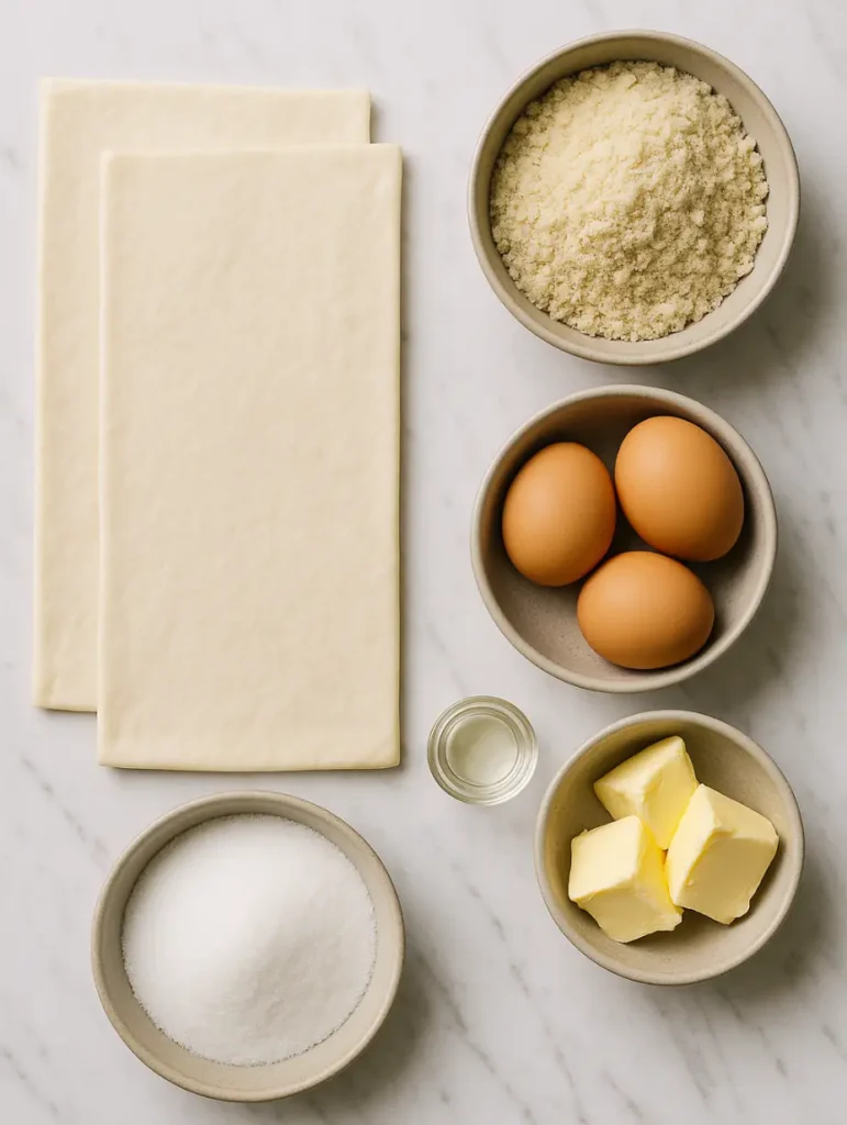 Ingrédients pour galette des rois sans gluten : pâte feuilletée, poudre d’amande, œufs, margarine, sucre et extrait d’amande.