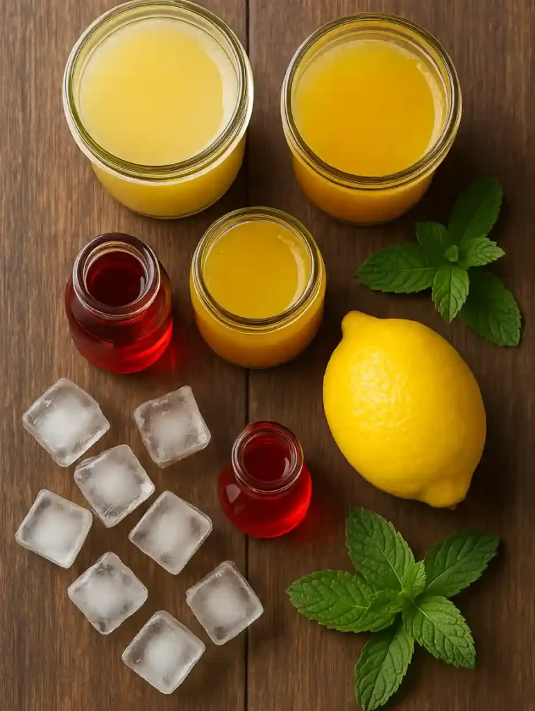Ensemble des ingrédients pour préparer un cocktail Bora Bora sans alcool : jus tropicaux, grenadine, citron, glaçons et menthe fraîche.
