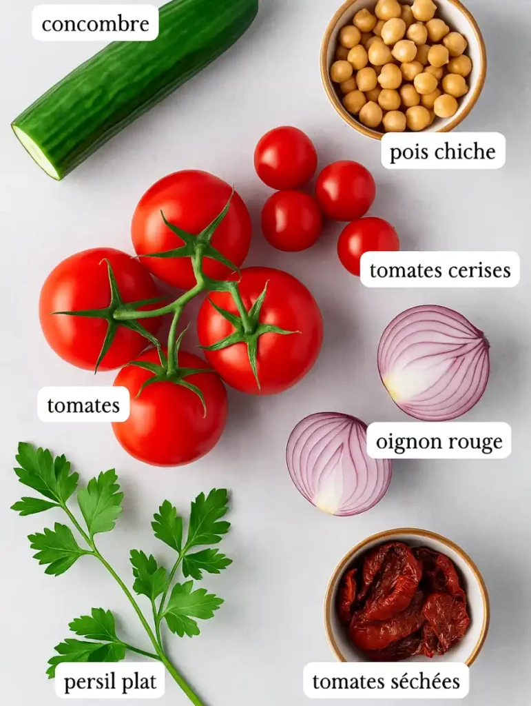 Les ingrédients de base pour une salade de concombre et tomate : tomates, concombre, pois chiches, oignons rouges, tomates séchées et persil plat, disposés sur un fond clair.
