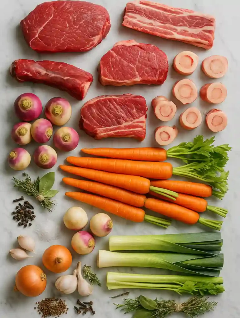 Ingrédients frais pour un pot-au-feu traditionnel : morceaux de bœuf, os à moelle, carottes, poireaux, navets, céleri, oignons, ail, bouquet garni, clous de girofle, poivre et gros sel.
