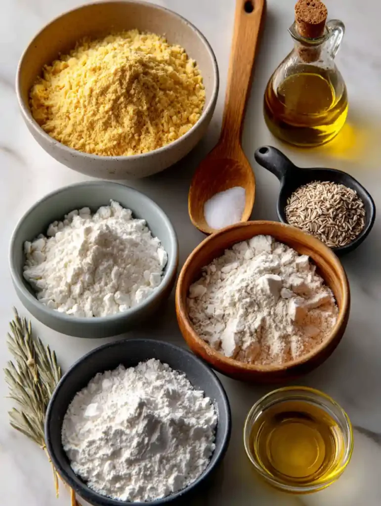 Bols disposés sur marbre contenant farine de maïs fine, farine de riz, fécule, psyllium, levure, huile et cuillère de sel.