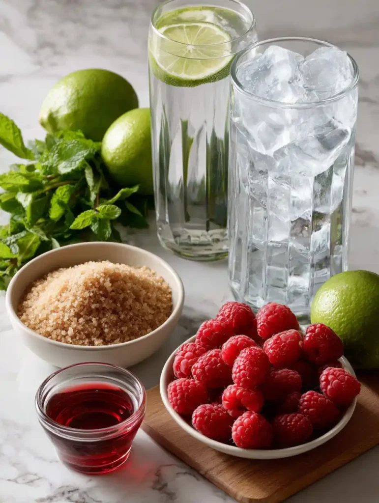 Ingrédients pour préparer un mojito framboise sans alcool : framboises fraîches, citron vert, sucre roux, sirop de framboise, menthe et glace pilée.