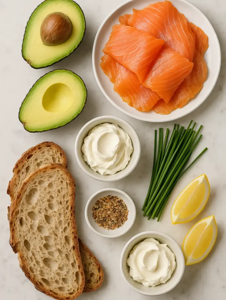 Avocat mûr, saumon fumé, fromage frais, ciboulette, épices et tranches de pain rustique pour préparer une tartine avocat saumon.