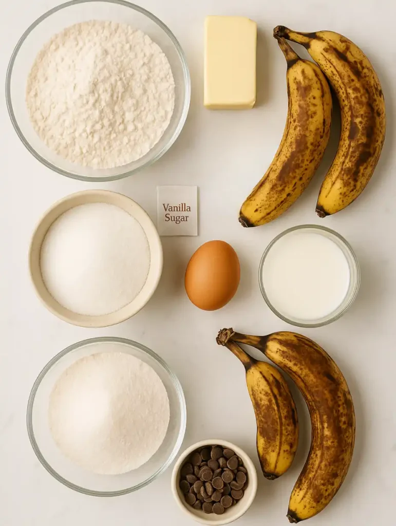 Ingrédients disposés pour préparer des muffins banane chocolat, avec bananes mûres, farine, beurre, œuf, sucre et pépites.
