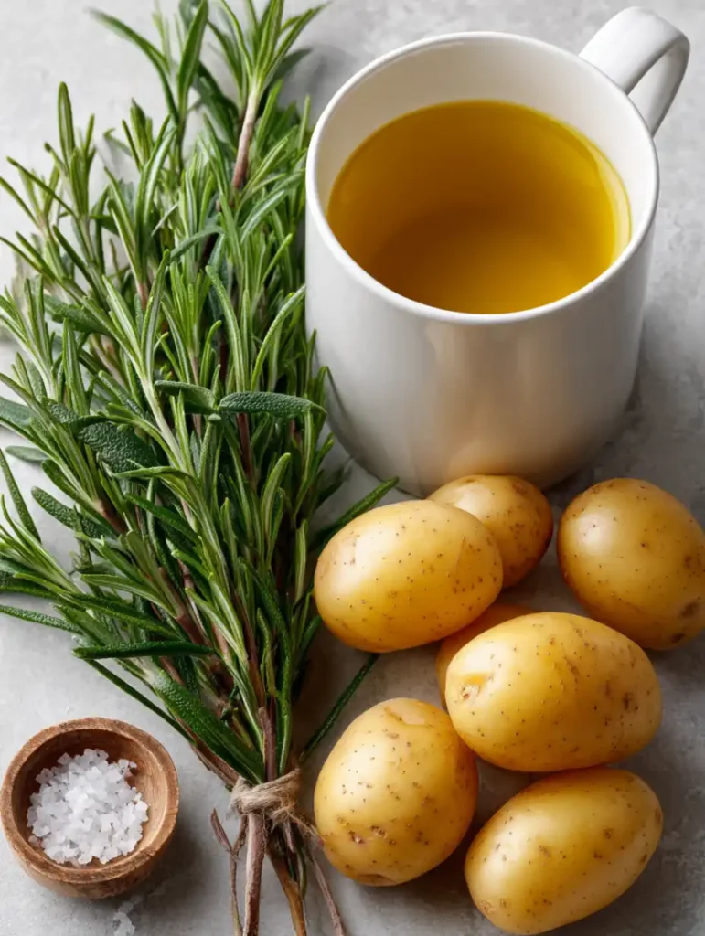 Pommes de terre grenaille crues avec branches de romarin frais, huile d’olive et gros sel prêts pour la cuisson au four.