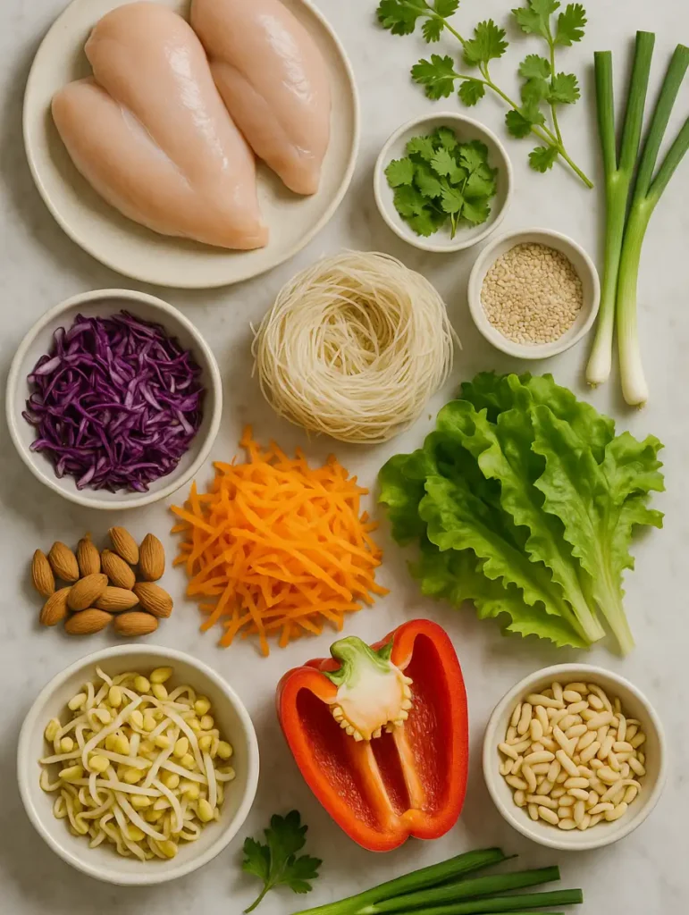 Ingrédients frais pour une salade chinoise au poulet, incluant blancs de poulet crus, vermicelles secs, chou rouge, carottes, poivron et coriandre.