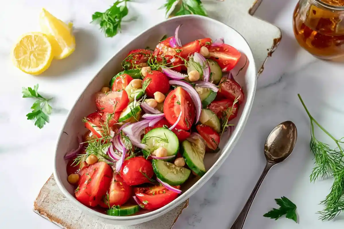 Une salade de concombre et tomate fraîchement servie dans un grand plat, garnie d’oignons rouges, pois chiches et herbes fraîches, posée sur une table ensoleillée.