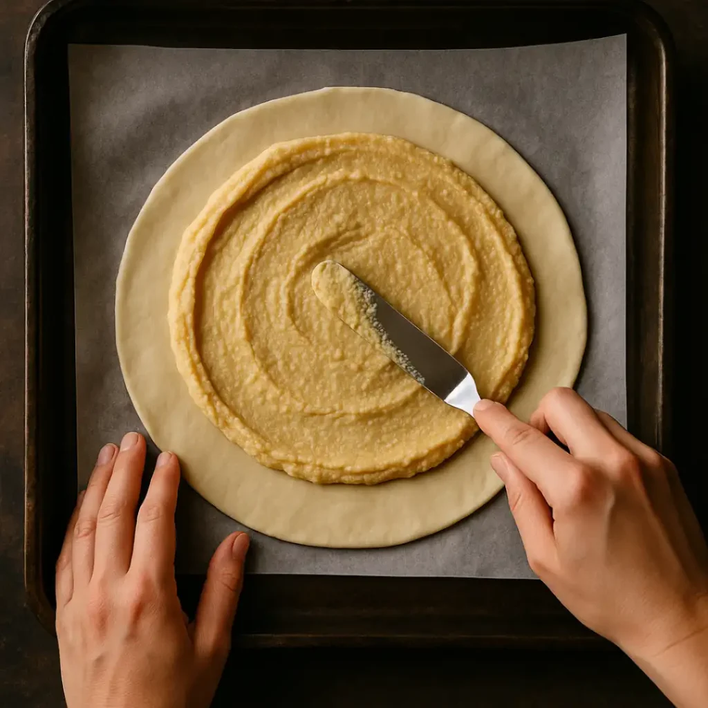 Garniture à la frangipane étalée sur pâte feuilletée sans gluten, prête pour le montage de la galette des rois.