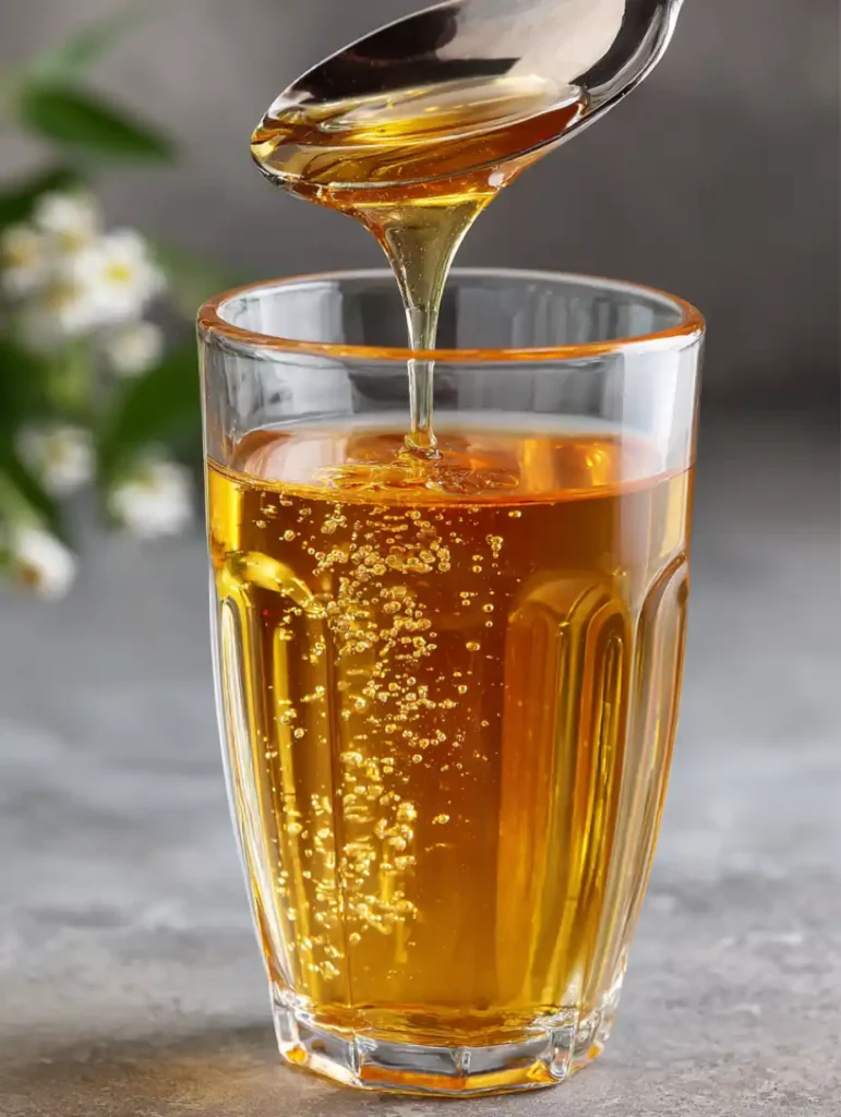 Préparation du mounjaro naturel avec miel versé dans un verre, boisson chaude au gingembre et citron.