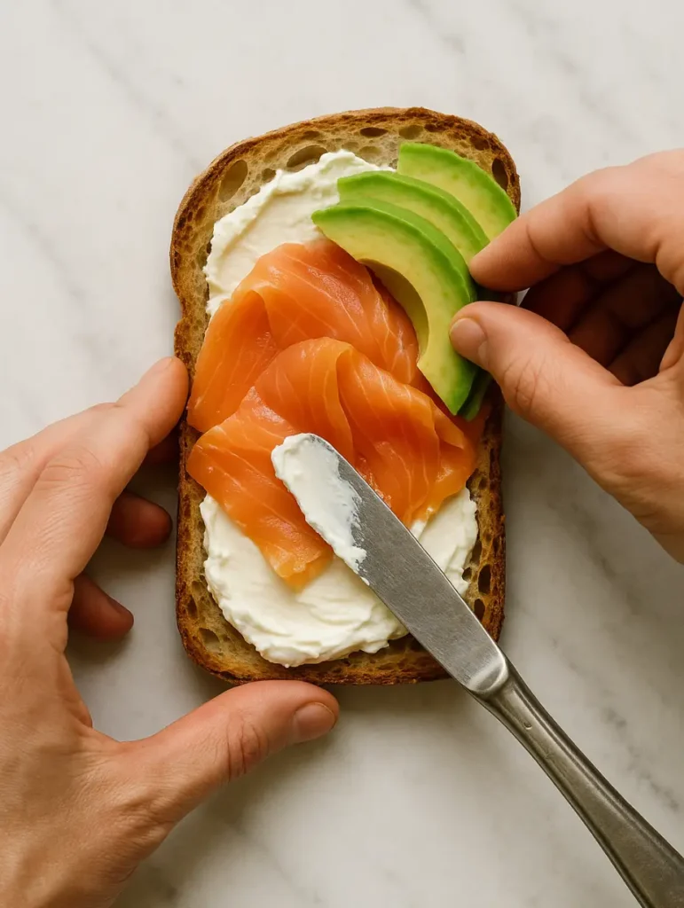 Main tartinant du fromage frais sur une tranche de pain grillé puis ajoutant du saumon fumé et de l’avocat pour une tartine avocat saumon.