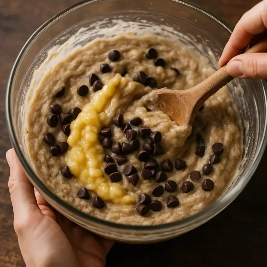 Pâte de muffin à la banane avec pépites de chocolat, mélangée à la cuillère en bois dans un bol.
