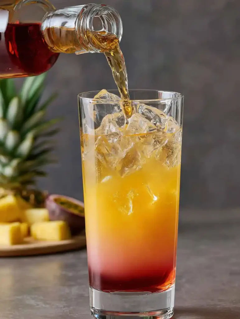 Étape de préparation du cocktail Bora Bora sans alcool avec jus versé sur glaçons pour créer un dégradé visuel.