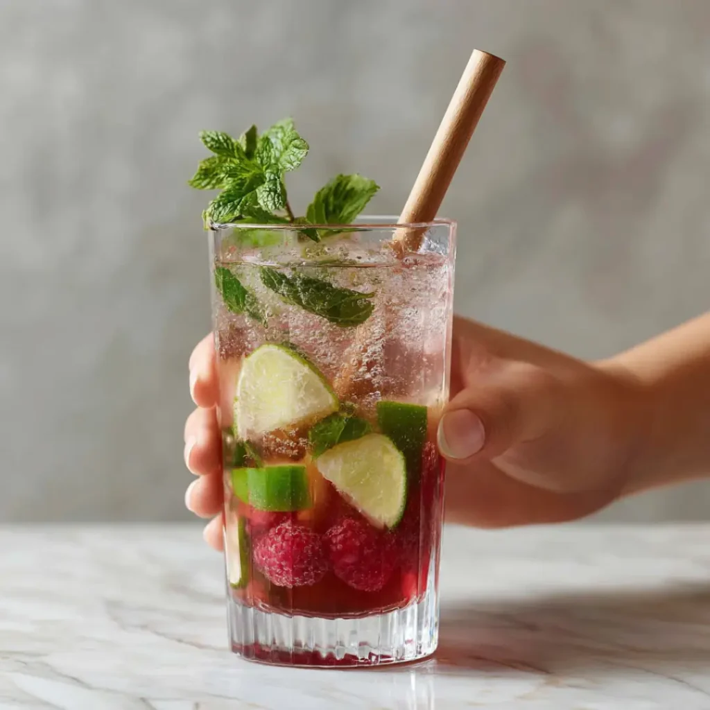 Étape de préparation d’un mojito framboise sans alcool : sucre roux, sirop, morceaux de citron vert et feuilles de menthe pilonnés dans un verre.