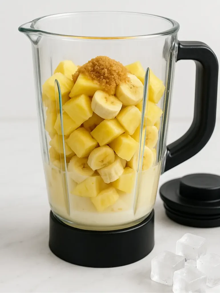 Blender contenant lait, banane, ananas et sucre brun avant mixage pour réaliser un smoothie ananas maison.