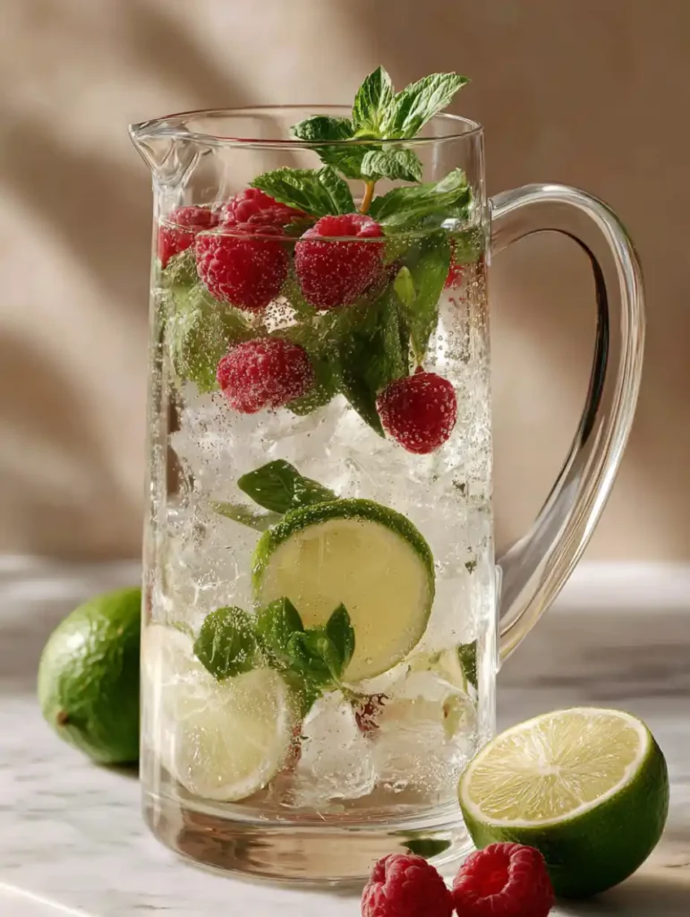 Pichet transparent rempli de mojito framboise sans alcool avec glace pilée, framboises entières, citron vert et menthe fraîche.