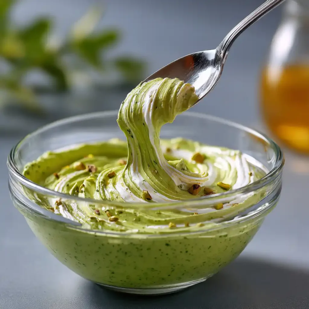 Crème de pistache onctueuse mélangée à la cuillère dans un bol en verre, avec éclats de fruits secs en surface.