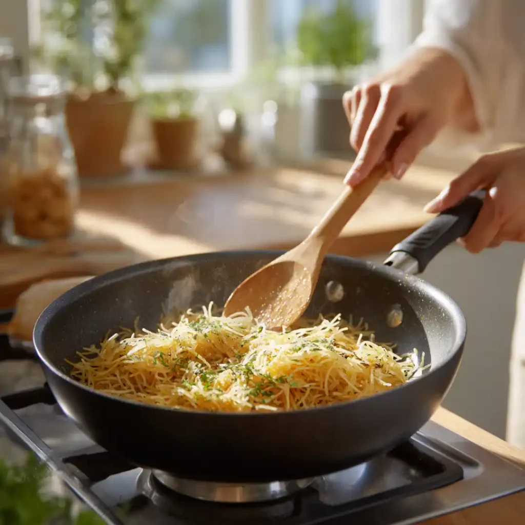 Kadaïf doré en train d’être poêlé avec du beurre, remué à la spatule dans une cuisine baignée de lumière.