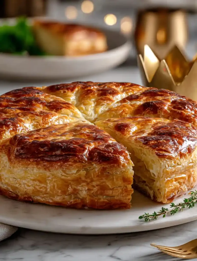 Galette des rois sans gluten prête à être servie, posée sur un plat en marbre avec couronne dorée en arrière-plan.