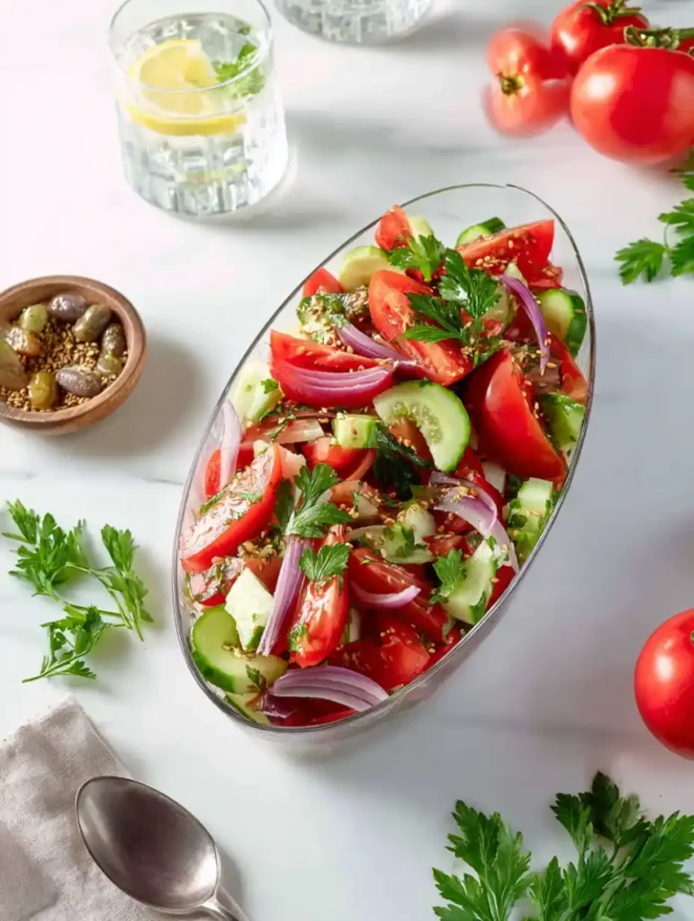 Une salade de concombre et tomate joliment dressée dans un plat ovale, accompagnée d’herbes fraîches et de tranches de citron sur la table.