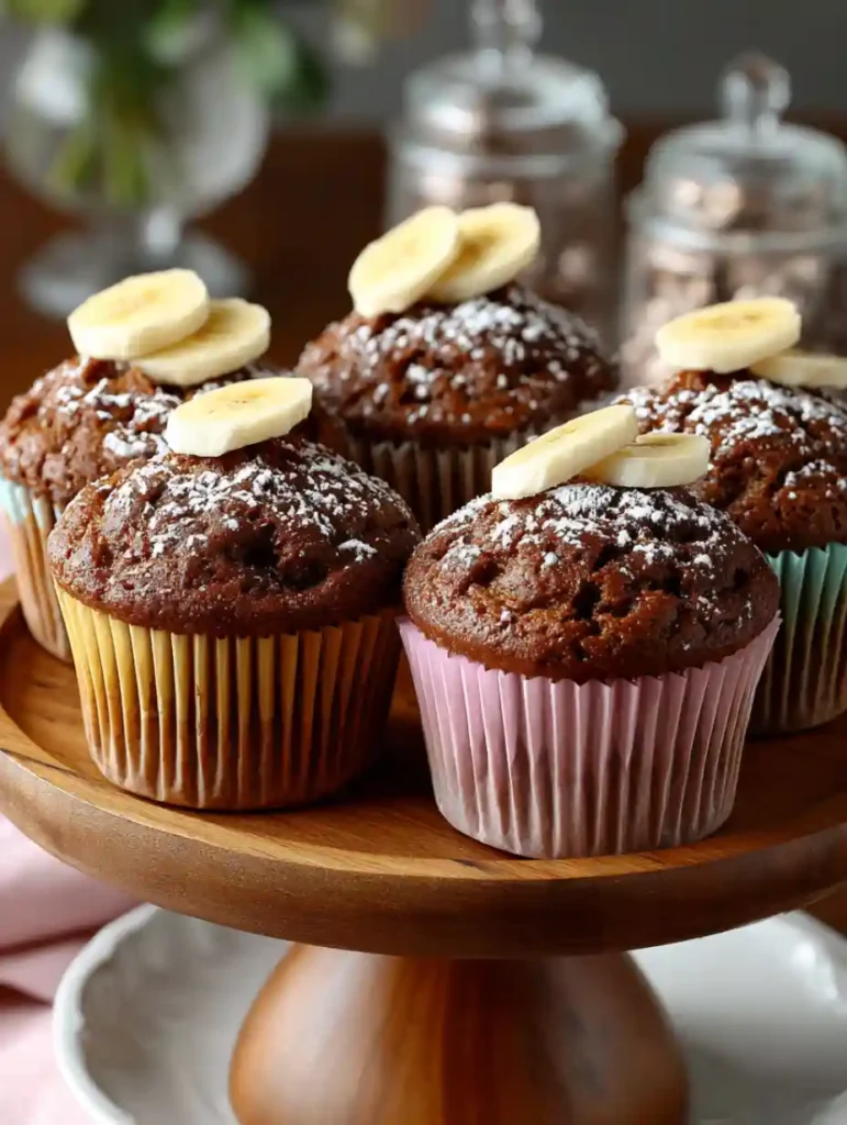 Muffins chocolat banane décorés de rondelles de banane sur un présentoir en bois.