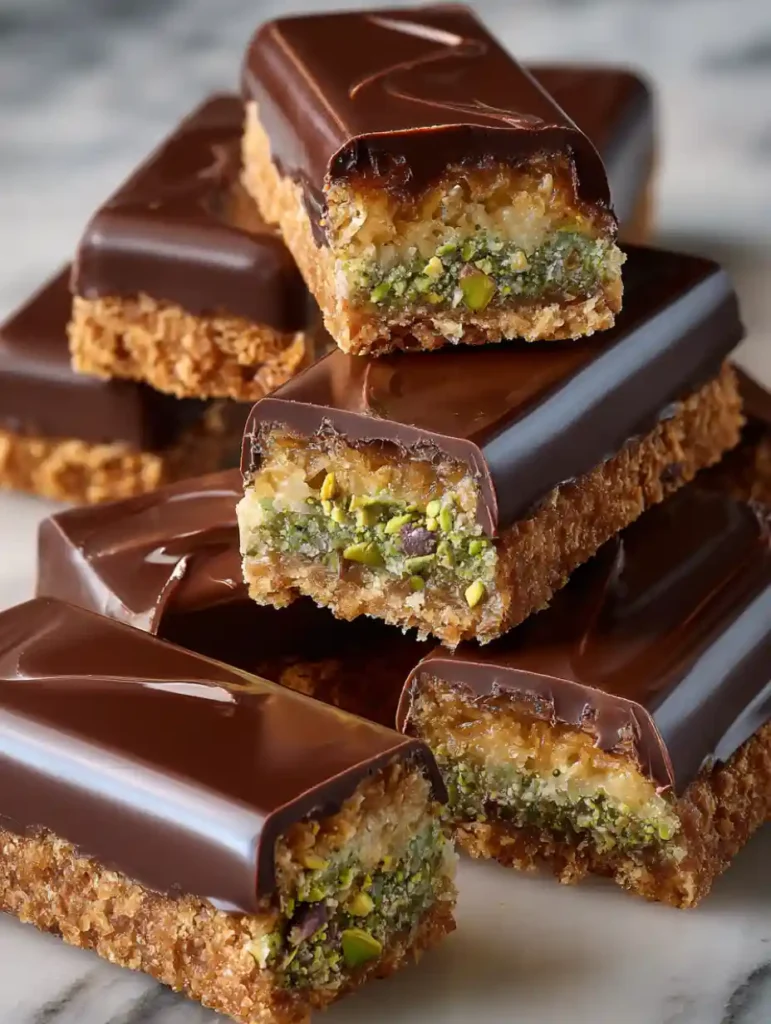 Barres chocolat pistache dressées en pile sur marbre, révélant des couches nettes de kadaïf, pistache et chocolat brillant.