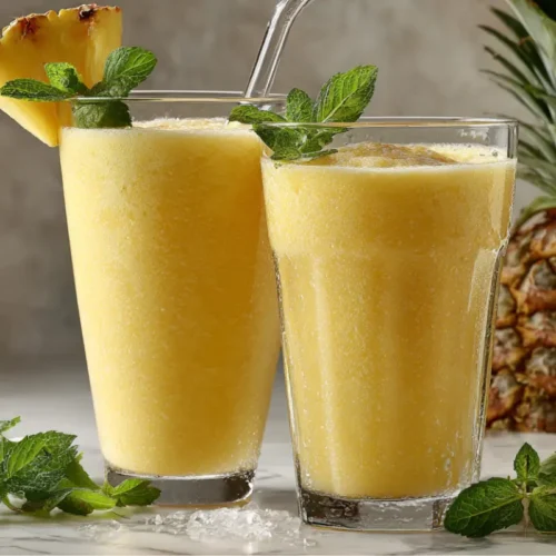 Deux verres remplis d’un smoothie ananas crémeux et glacé, décorés d’une rondelle d’ananas et de feuilles de menthe, servis bien frais.