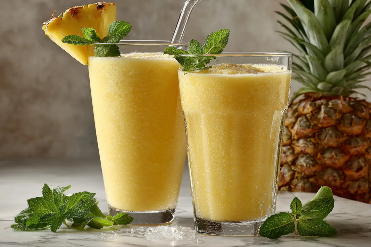 Deux verres remplis d’un smoothie ananas crémeux et glacé, décorés d’une rondelle d’ananas et de feuilles de menthe, servis bien frais.
