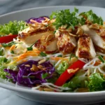 Salade chinoise au poulet servie dans un grand bol, garnie de vermicelles de riz, chou rouge, carottes râpées, poivron et morceaux de poulet grillé.