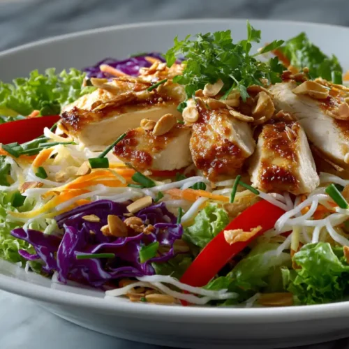 Salade chinoise au poulet servie dans un grand bol, garnie de vermicelles de riz, chou rouge, carottes râpées, poivron et morceaux de poulet grillé.