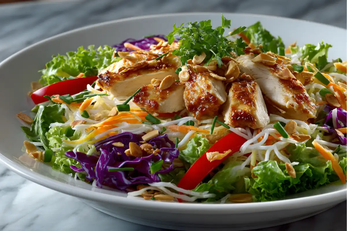 Salade chinoise au poulet servie dans un grand bol, garnie de vermicelles de riz, chou rouge, carottes râpées, poivron et morceaux de poulet grillé.
