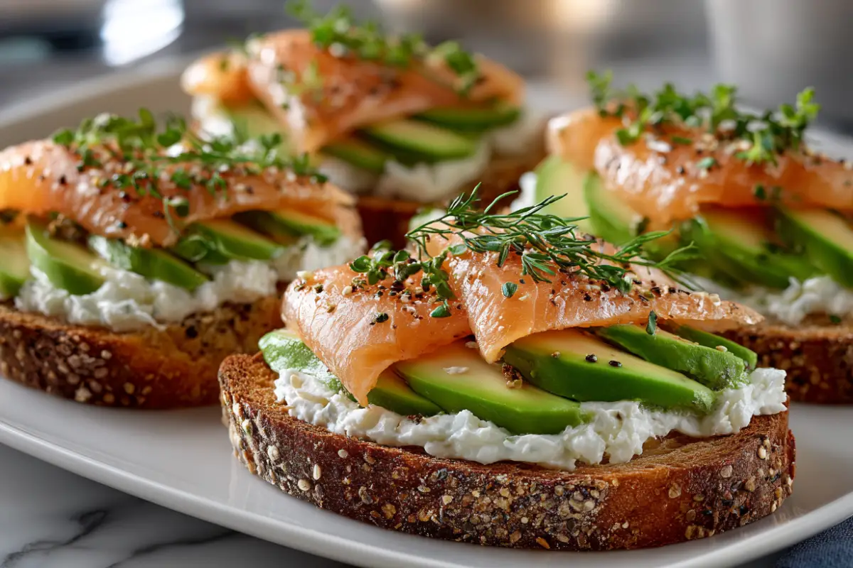 Tartine avocat saumon servie sur pain croustillant avec fromage frais, tranches d’avocat et saumon fumé, garnie d’herbes fraîches.