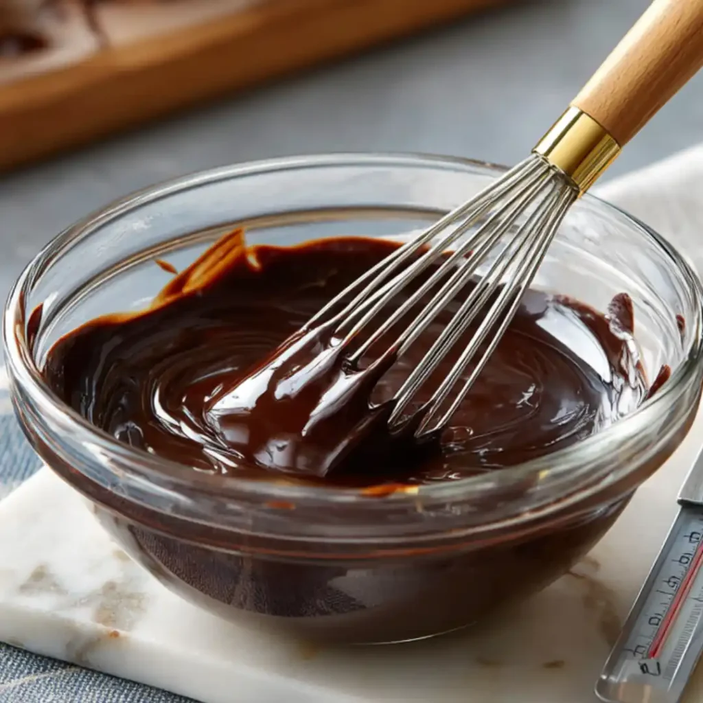 Chocolat fondu lisse dans un bol en verre, brassé au fouet avec un thermomètre visible sur le plan de travail.