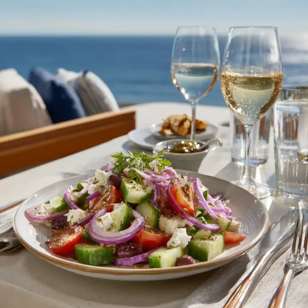 Une assiette de salade à la grecque sur une table face à la mer, composée de concombres, tomates, oignons rouges, olives et feta.