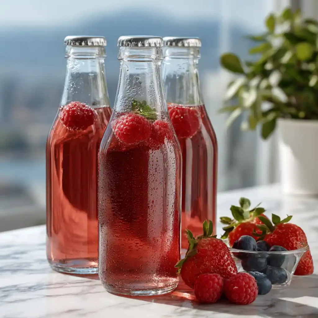 Bouteilles de kéfir de fruits aux fruits rouges, garnies de framboises, fraises et myrtilles fraîches, sur table en marbre.