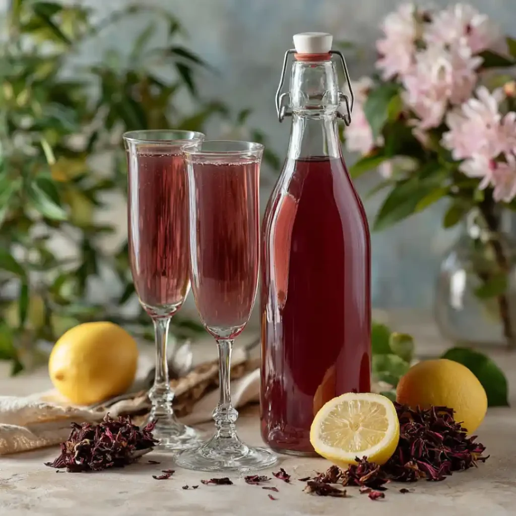 Bouteille et verres de kéfir de fruits à l’hibiscus, couleur rouge intense, décorés de citrons et pétales séchés.