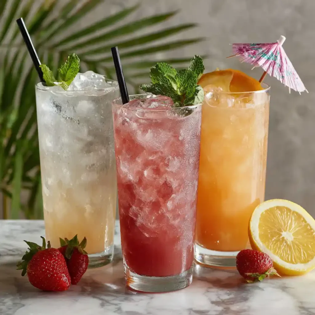 Trois variantes du cocktail Bora Bora sans alcool : version pétillante, fruitée et au lait de coco, présentées avec décoration.