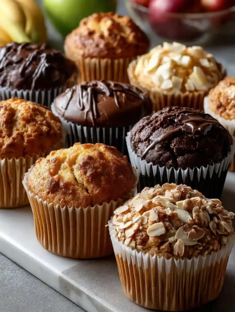 Assortiment de muffins personnalisés, incluant chocolat noir, amandes effilées et flocons d’avoine.