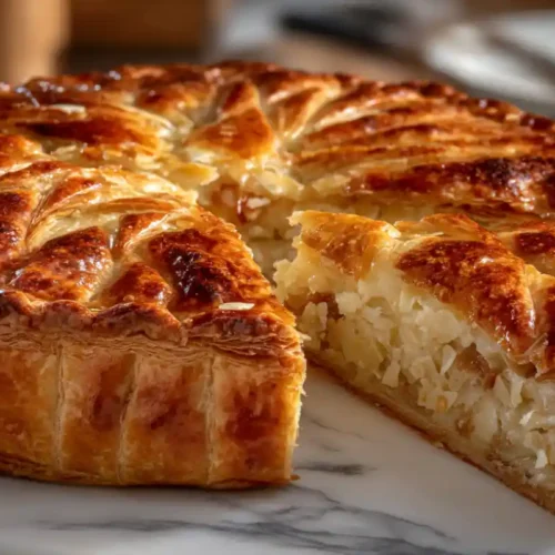 Galette des rois sans gluten dorée au four, feuilletage croustillant et garniture fondante à la frangipane, prête à être dégustée.