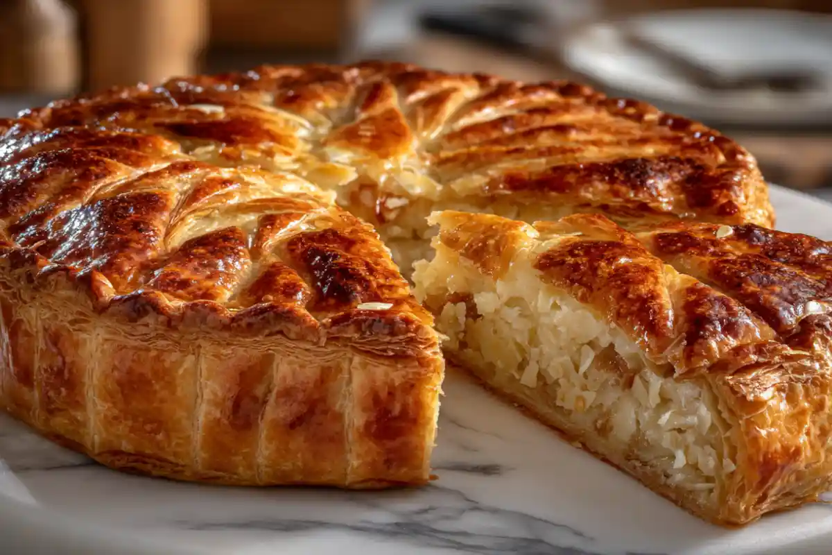 Galette des rois sans gluten dorée au four, feuilletage croustillant et garniture fondante à la frangipane, prête à être dégustée.
