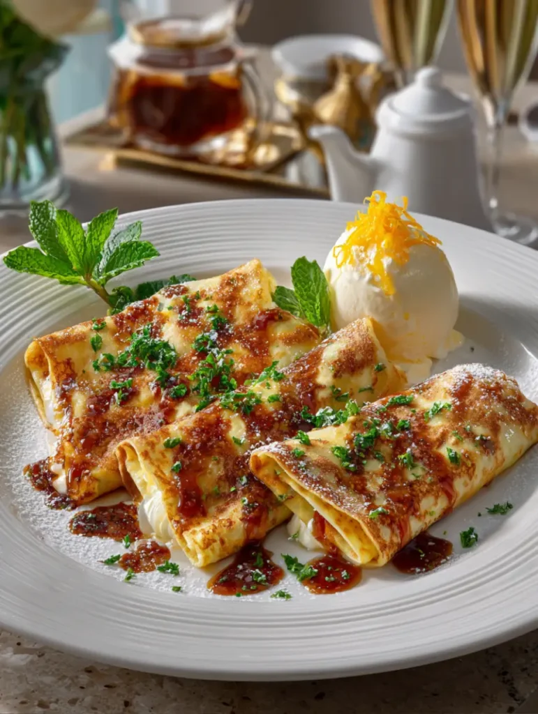 Crêpes Suzette roulées et servies avec glace vanille et zestes d’orange.