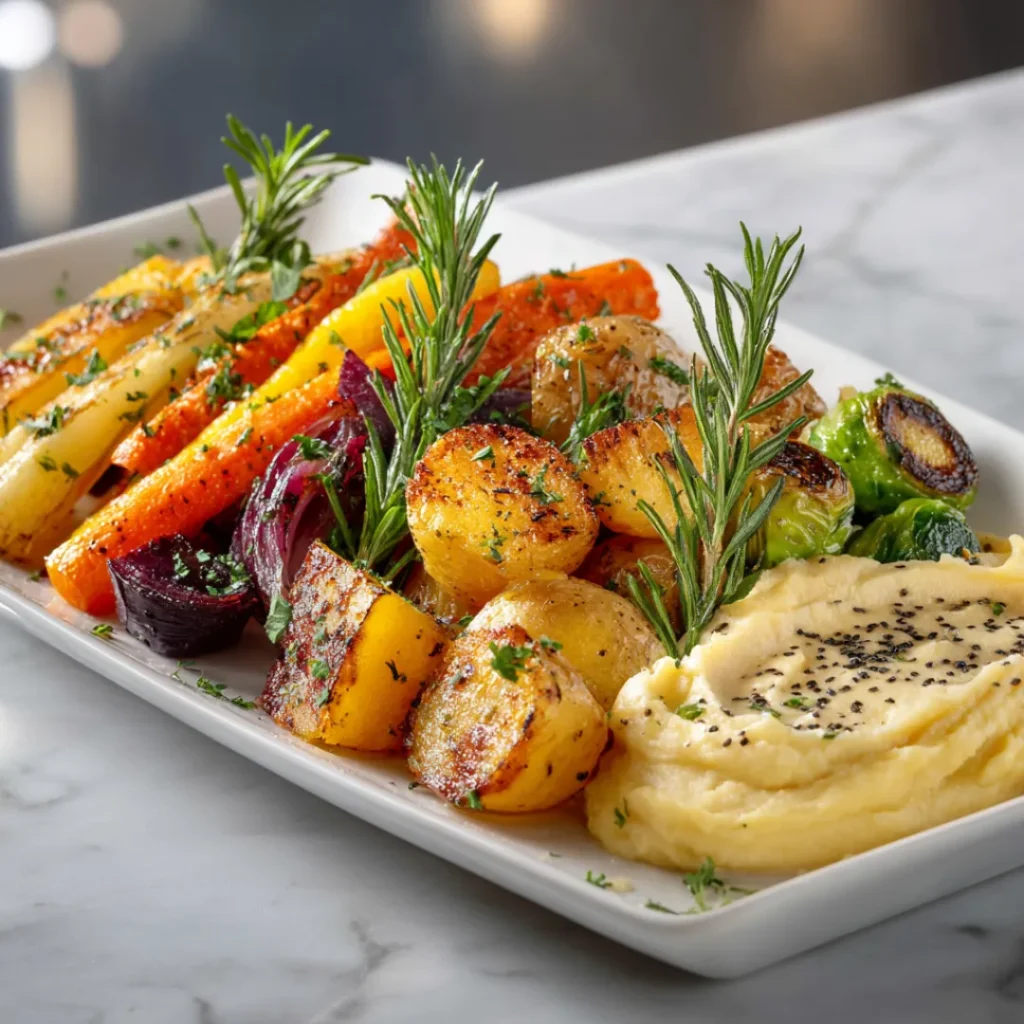 Assortiment de légumes rôtis et purée crémeuse proposés avec une recette pintade en cocotte.