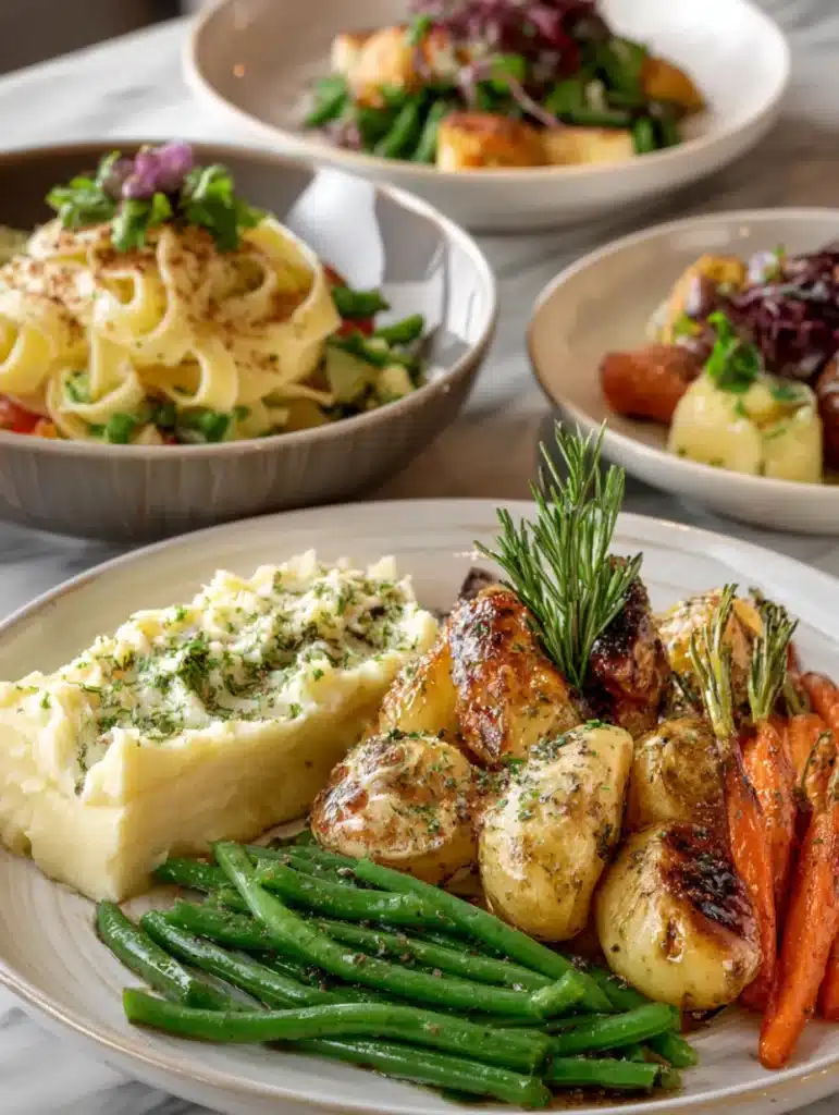 Assiette d’accompagnements pour paupiette de veau avec purée maison, haricots verts, carottes glacées et pommes de terre rôties.