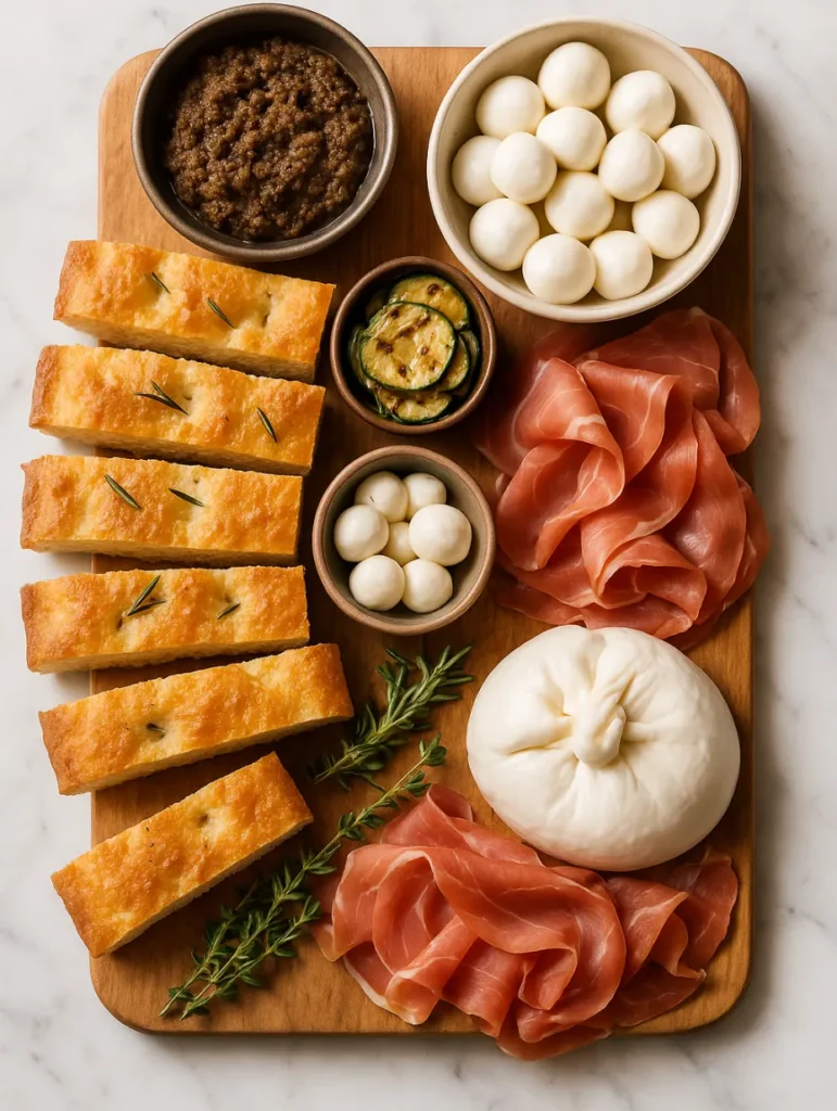 Plateau de dégustation avec focaccia coupée en bâtonnets, burrata, mozzarella, jambon cru, tapenade et courgettes grillées.