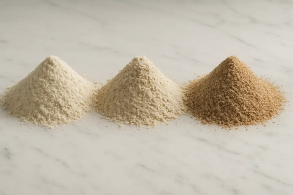 Différents types de farine complète, de la T110 à la T180, utilisés dans la recette pain complet.