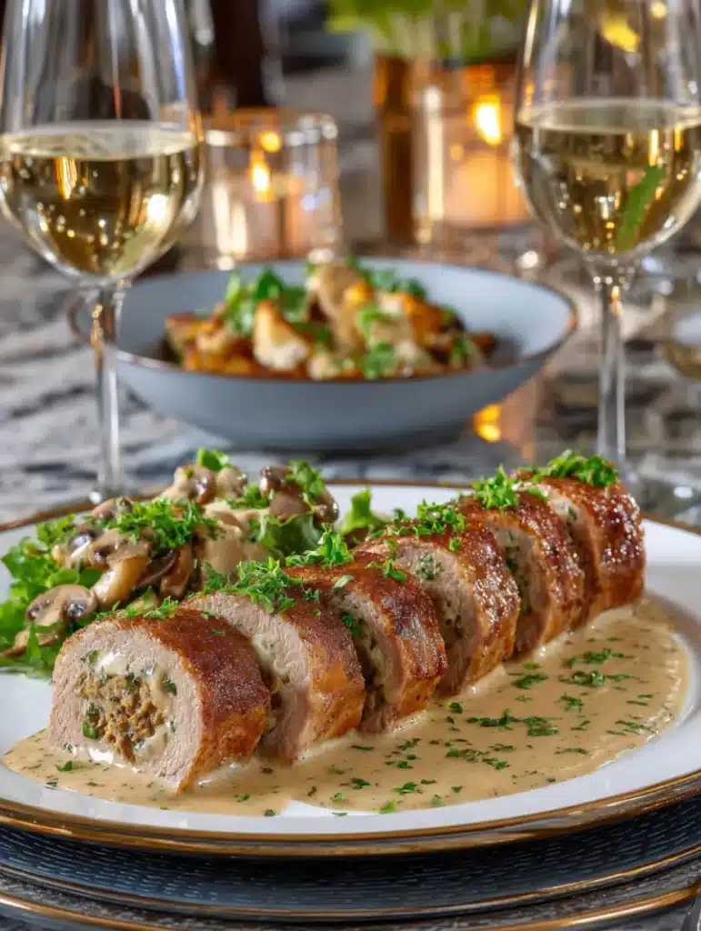 Paupiette de veau tranchée et servie avec sauce crémeuse, dressée élégamment sur assiette avec herbes fraîches.