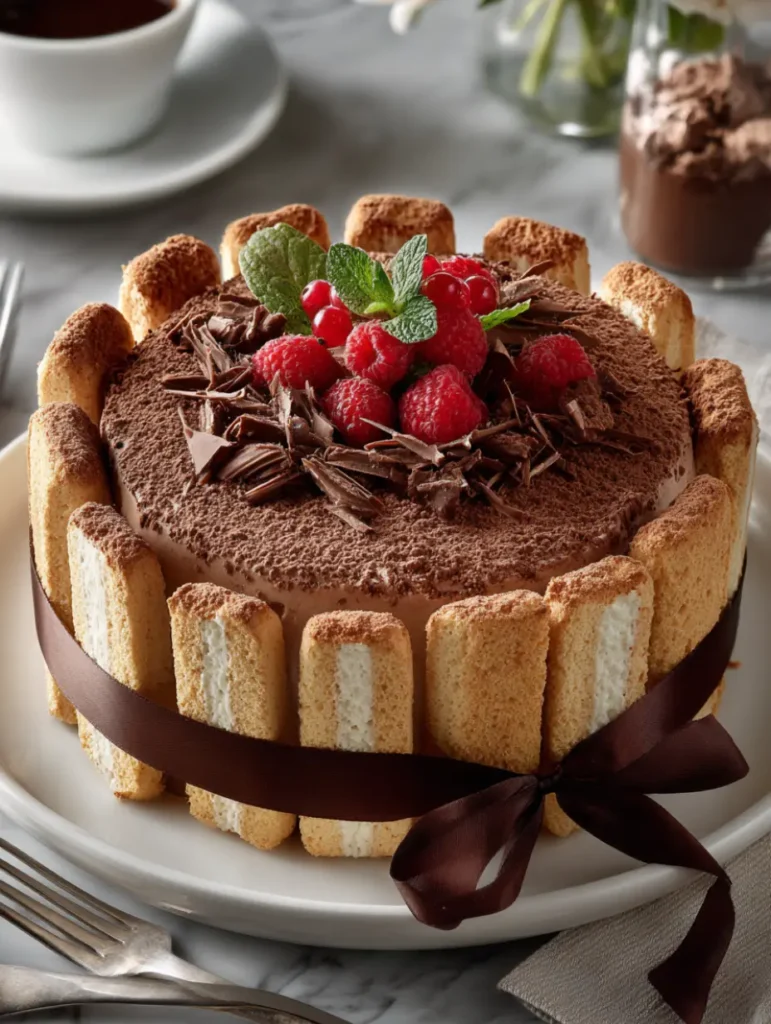 Charlotte au chocolat démoulée, saupoudrée de cacao et décorée de framboises et copeaux de chocolat.